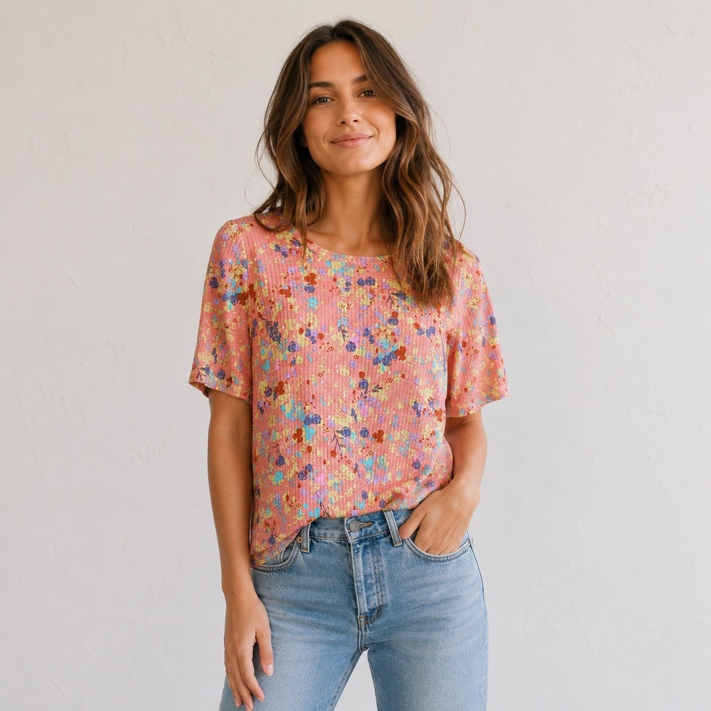 LOGO Layers Womens Floral Top Tee Sz Small Peach Orange Short Sleeve Crew Neck